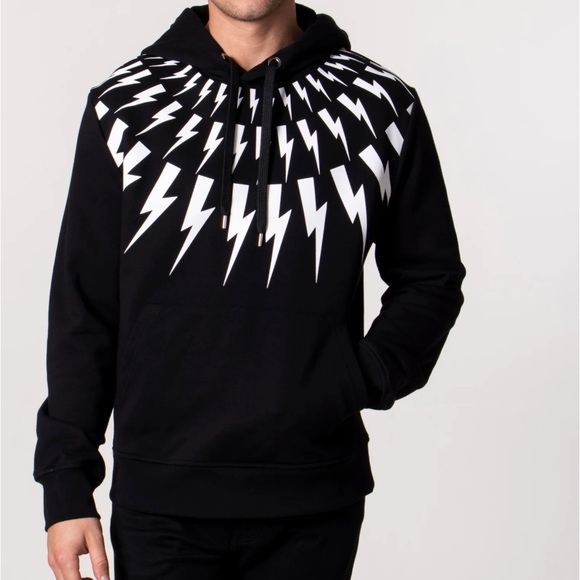 Neil Barrett Thunderbolt Fair Isle pullover hoodie sweatshirt drawstring black - Picture 10 of 12